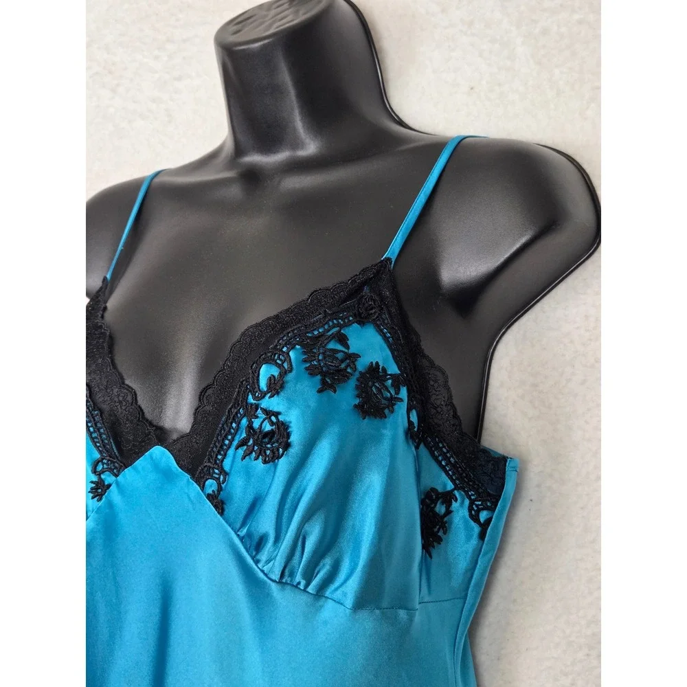 Vtg 90s Womens Babydoll Satin Lace Trim Slip Dress Nightie L Equestrian Coquette